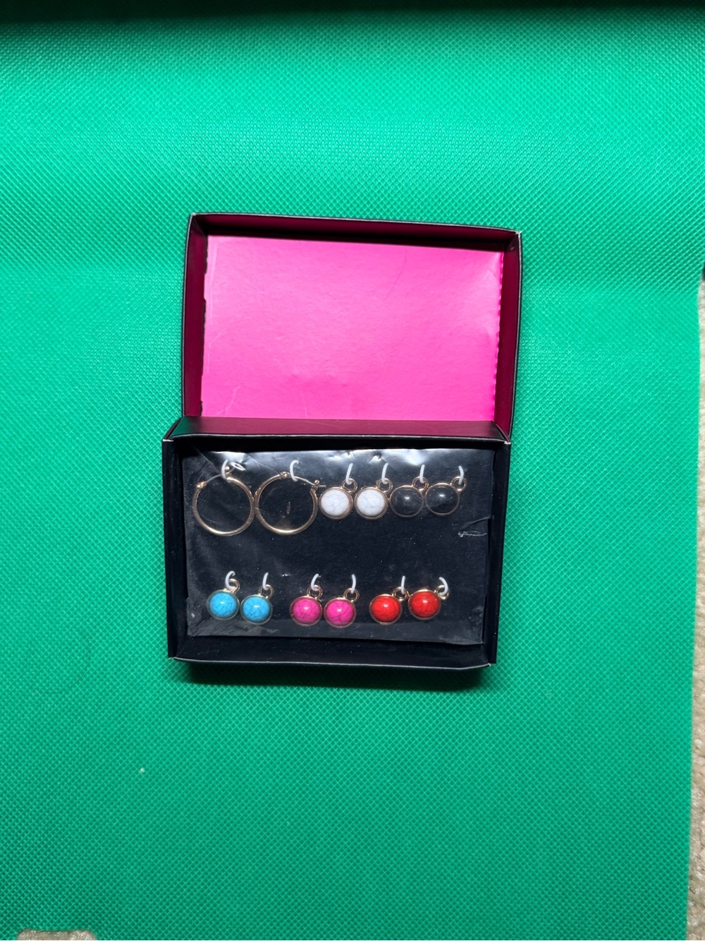 Assorted Color Stone Hoop and Stud Earring Set - Pink, Blue, Red, White, black
